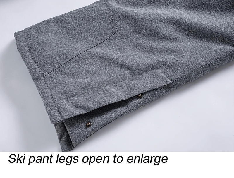 Close-up of grey ski suit pant legs with zipper opening for adjustable fit